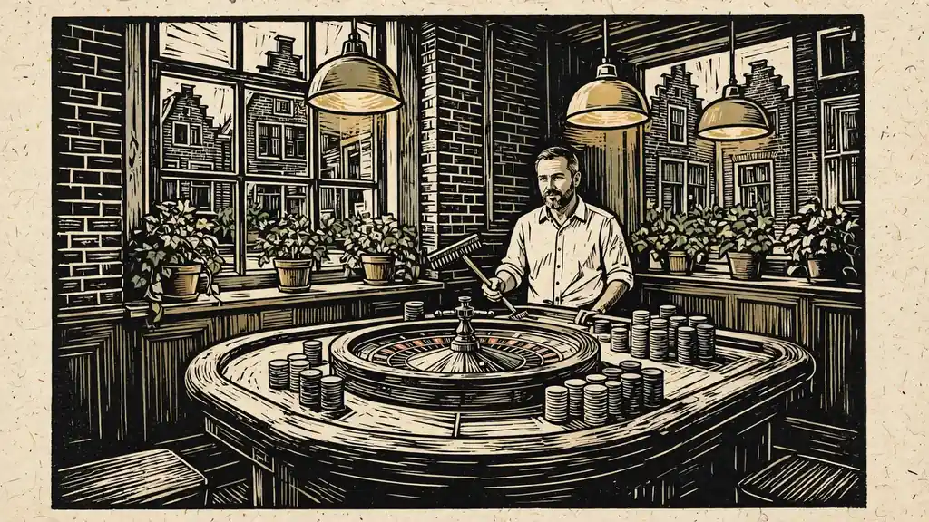 Licht interieur met houten roulette, croupier en chipstapels in Nederlandse setting