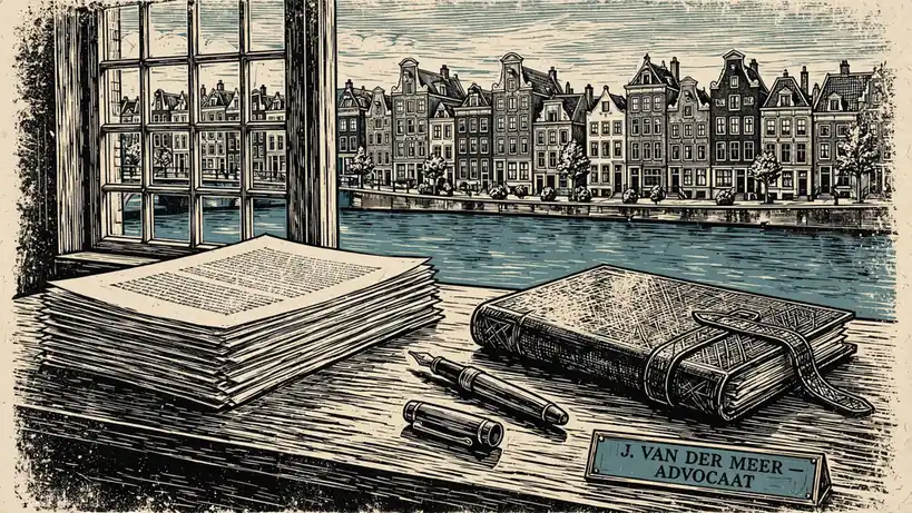 Een bureau met juridische documenten in een Nederlands kantoor aan een grachtenpand.