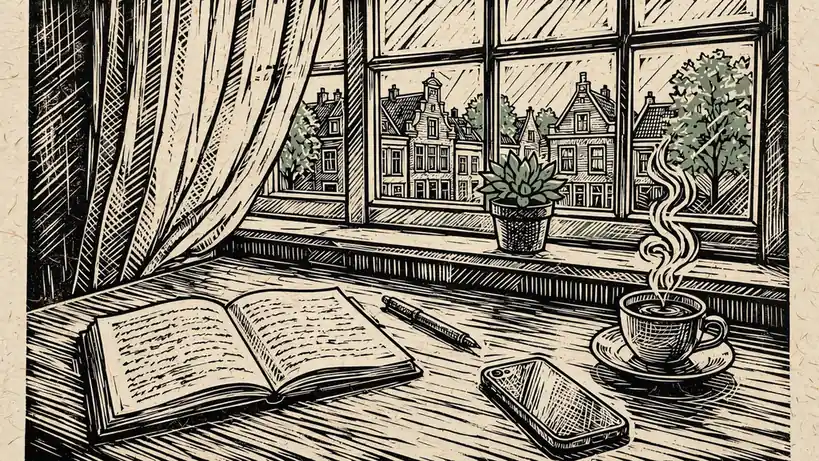 Een bureau bij een raam met notitieboek, pen, telefoon en kop koffie