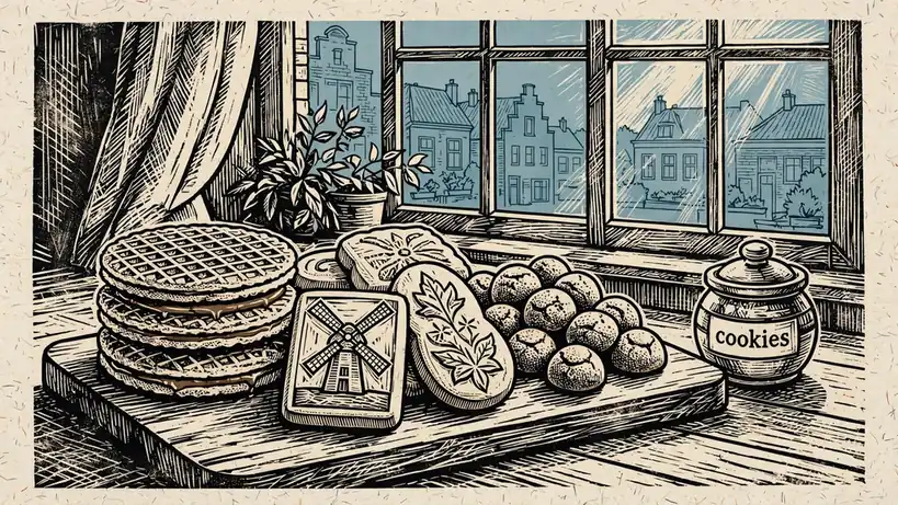 Verscheidenheid aan Nederlandse koekjes op een houten plank bij een raam