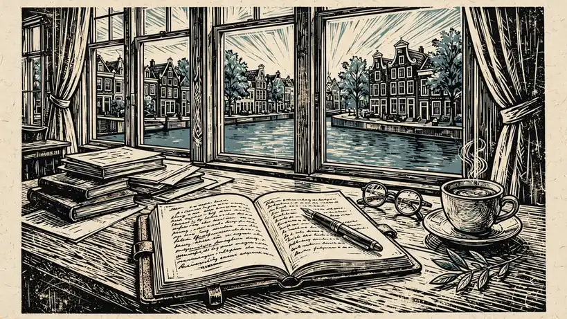 Een bureau met een notitieboek, pen en bril in een helder kantoor