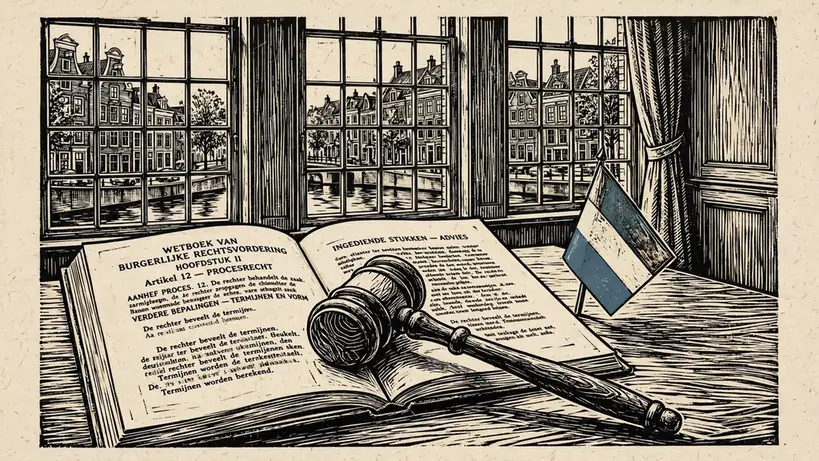 Rechterlijke hamer en wetboek op een bureau in Nederland