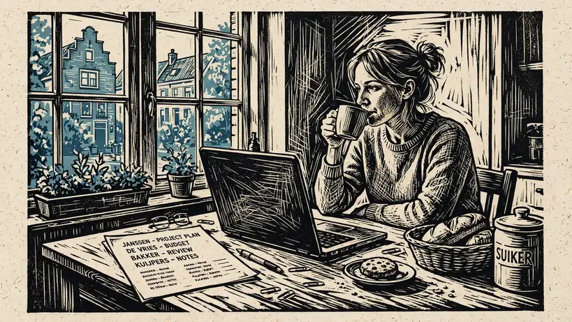 Iemand controleert een vergunning op zijn laptop aan tafel