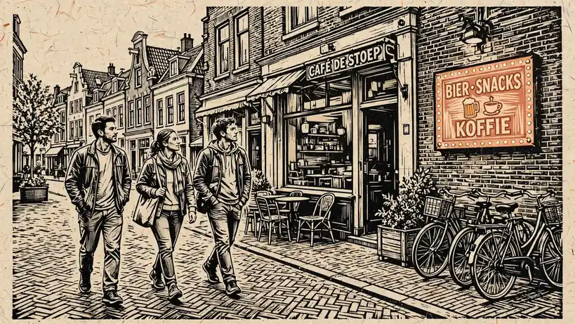 Jongvolwassenen lopen voorbij een reclamezuil in de straat