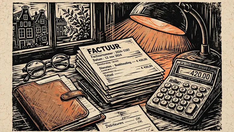 Bureau van een accountant met facturen en rekenmachine