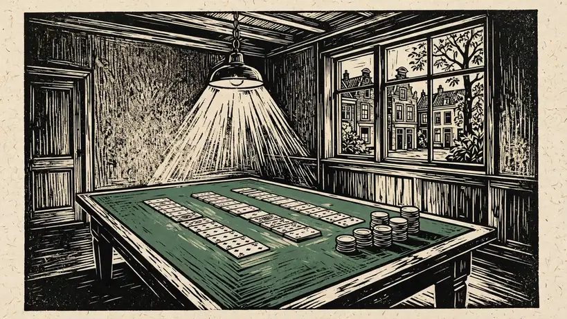 Een baccarat-tafel met kaarten en fiches in gedimd licht