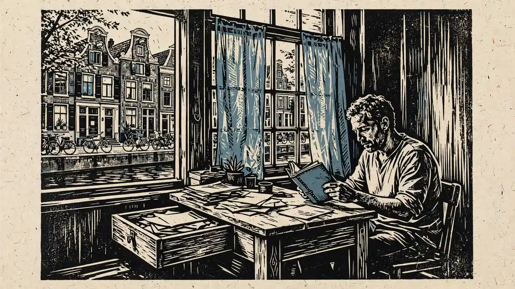 Persoon die een notitieboek sluit naast een gesloten lade in een Nederlands grachtenpand.
