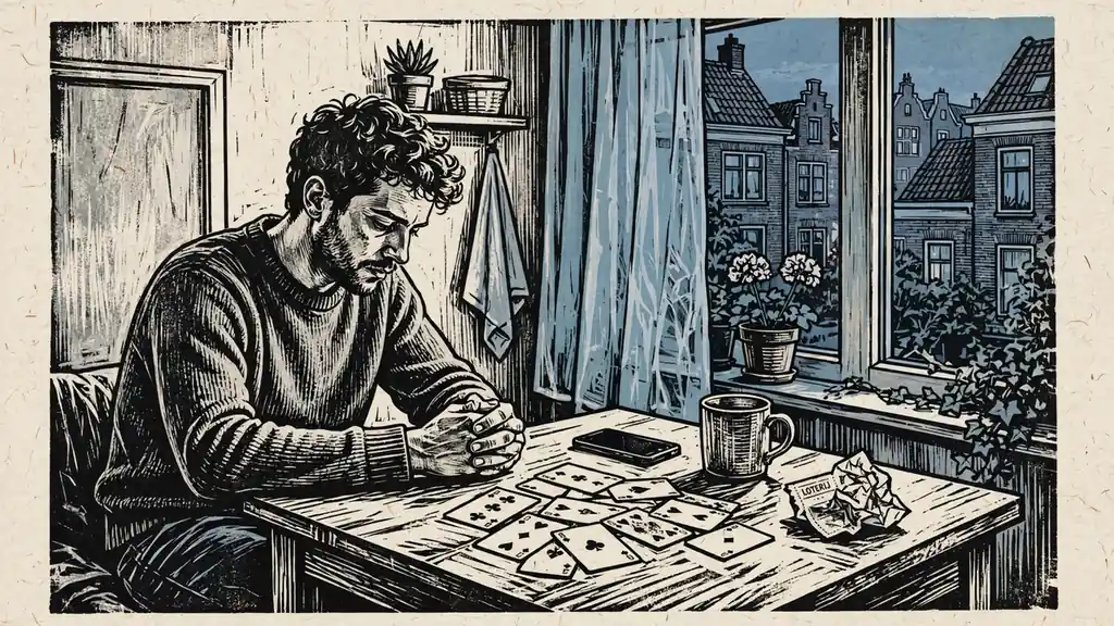 Een jongvolwassene zit alleen nadenkend aan tafel met telefoon en speelkaarten