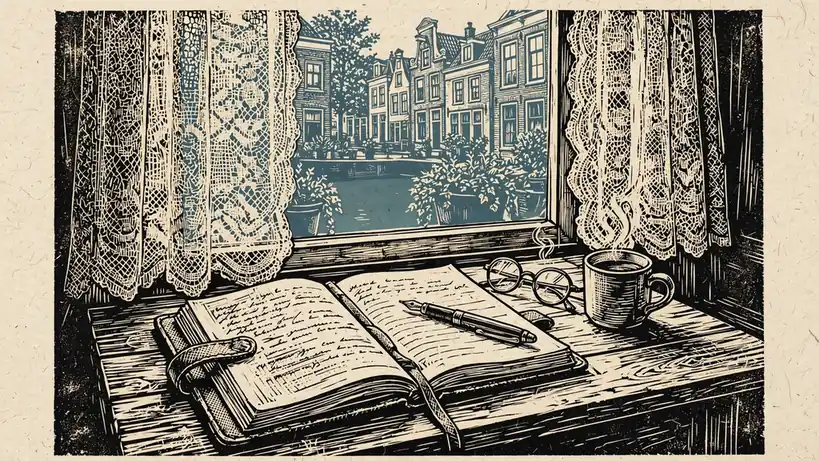 Notitieboek op een bureau bij een Nederlands raam met koffie en leesbril